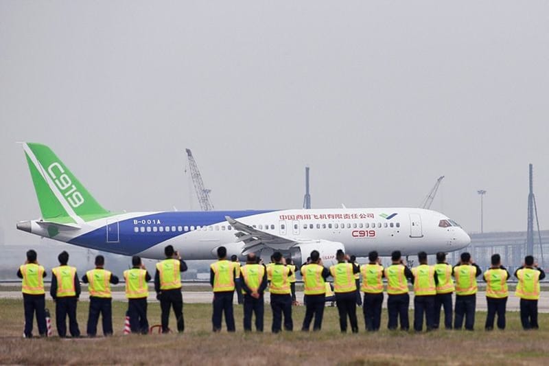 The single-aisle twin-engine plane was made by state planemaker Commercial Aircraft Corp of China (COMAC), with seating for 158 to 168 passengers, but the maiden flight will be made with no passenger seats. (AP)
