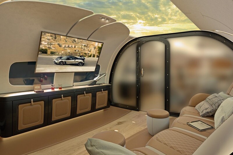 And now, the most intriguing part of the jet - the sky ceiling, which gets a live projection of the outside on it. Or if the weather out there is scary, the ceiling will have a giant screensaver.