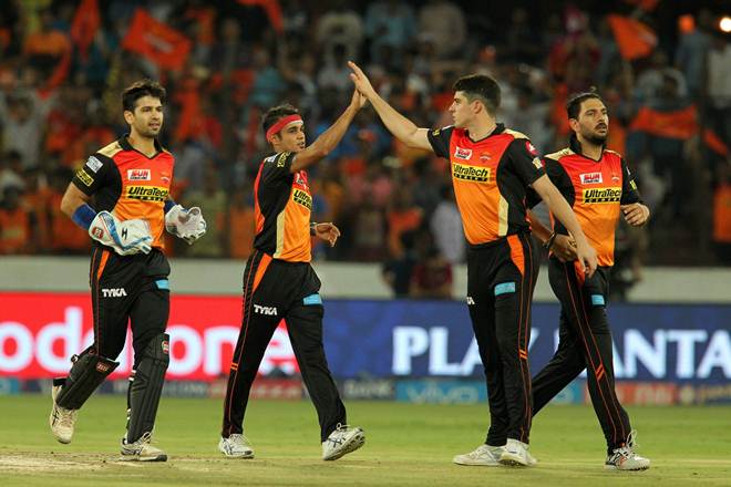 Siddharth Kaul of Sunrisers Hyderabad celebrates wicket of Parthiv Patel of Mumbai Indians during an IPL match. (PTI)