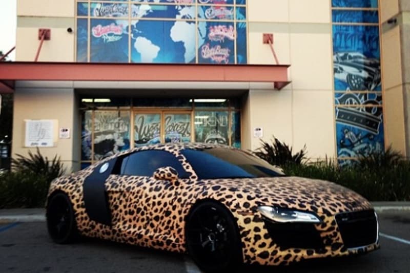 Audi R8: The Canadian pop star also owns an Audi R8. It has been given a peculiar leopard print wrap, which looks.. no comments! (Image: Celebritycarsblog)