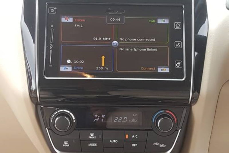 The top end variant of the Dzire comes with an infotainment system with Apple CarPlay and Android Auto. It also doubles for navigation and has connectivity options including Bluetooth, USB and Aux-In.