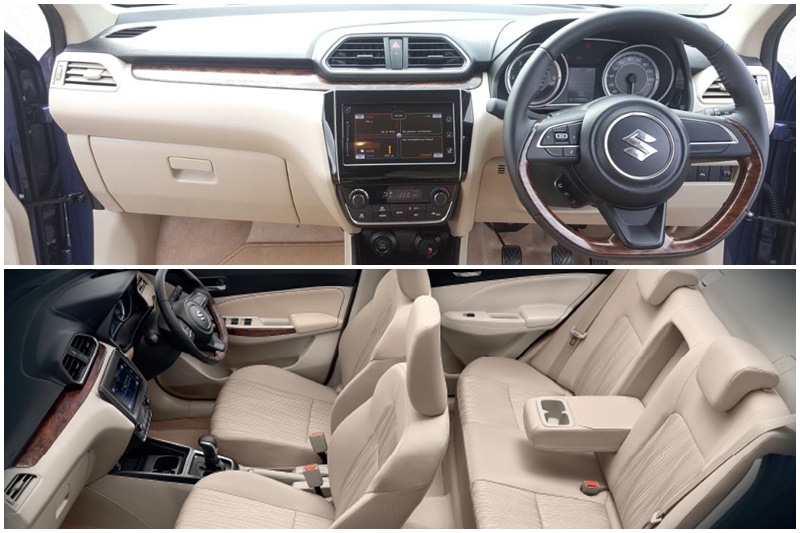 On the inside, the Dzire gets dual-tone dashboard, along with wood finish in the dash and a flat bottom steering wheel. The new Dzire is wider by 40 mm than the older model, hence providing increased leg and shoulder room. Other comfort features include push button start/stop, electrically retractable ORVMs, automatic climate control, rear AC vents and driver's power window with auto up/down function.