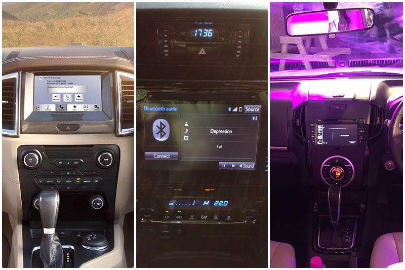 Features: The premium SUVs being compared here have their own set of unique features as well as equipment that is common to all of them. The Ford Endeavour, Toyota Fortuner as well as the Isuzu MU-X have an automatic climate control, cup holders and power sockets for all occupants, second and third row folding seats, however that is the end of similarities. The Isuzu MU-X's touchscreen infotainment unit is not offered with navigation, but, has a DVD playback option unlike the other two. Endeavour's infotainment system is also connected to an Active Noise Cancellation system which reverberates the audio back into the cabin to reduce engine noise. From Left to right: Ford Endeavour, Toyota Fortuner, Isuzu MU-X