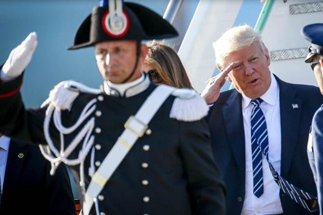 Air Force One arrived from Israel at Rome's Leonardo da Vinci airport, where Trump and his wife Melania were greeted by Italian Foreign Minister Angelino Alfano. (Associated Press) Air Force One arrived from Israel at Rome's Leonardo da Vinci airport, where Trump and his wife Melania were greeted by Italian Foreign Minister Angelino Alfano. (Associated Press)