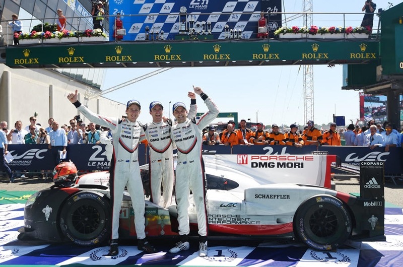 Timo Bernhard, Earl Bamber and Brendon Hartley stand next to the number 02 car that they piloted to victory. Having seen it slip out of their hands twice over.