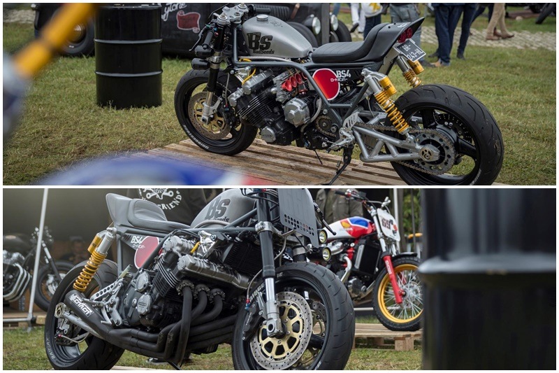 The third motorcycle was built based on the in-line 6 cylinder 1047cc CBX, by Honda’s Boulmich Moto dealer in Paris and the Bad Seeds motorcycle club. The sports tourer has been transformed into a muscular 'Road Bomber' on the lines of a dragster. The focus has mainly been kept on weight reduction with minimal bodwork. It features a new subframe to fit twin Öhlins rear shock, six-into-one exhaust, hand-built number board and headlight, and Bridgestone BattleAxe tyres.