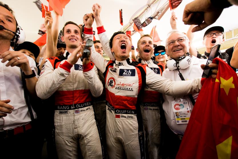 Jackie Chan's Oreca Racing piloted by Oliver Jarvis, Ho-Pin Tung and Thomas Laurent, celebrate a well earned second place in their 38 DC Racing LMP2