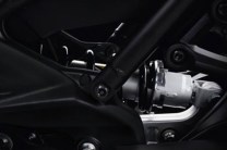 Upside-down forks at the front and a monoshock at the rear on an asymmetric swing-arm.
