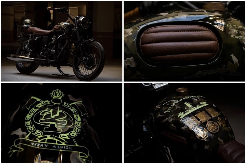 Parantapa: This 2011 Royal Enfield Electra belongs to an Indian Army personnel, who approached Eimor custom shop for an aesthetic upgrade for his motorcycle, and what followed is a very tastefully designed look for the bike, which mainly revolves around the battalion the owner serves with - 'The Bombay Sappers'. The motorcycle was given sleeker wheels, thigh pads matching the leather seat, LED head and tail lamps, and interestingly the paint job includes logos and insignias and shlokas from Bhagwat Gita. It also bears the signature of the owner.