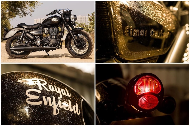 Gold Stone: The owner of this Royal Enfield Thunderbird wanted an improvement in his motorcycle's comfort and looks. This build's main attraction are the wheels which are 80 spokes custom laced patterns with 19 inch front and 15 inch rear wheels. Metal flakes paint job in black kandy looks quite eye-catchy too.
