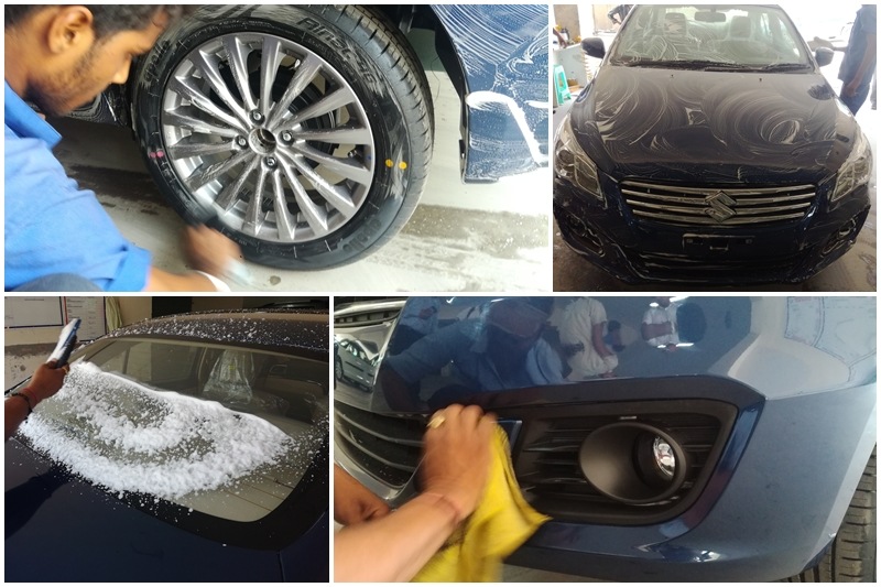 As you can see here a Ciaz is undergoing the cleaning process in which the excess dust was fist wiped off, after which the dry foam polish was applied. The system at workshops uses an air compressor which pressurises the dry foam polish put in a reservoir and sprayed on the car. One litre of water is mixed with 50 ml of the dry foam polish. The foam polish is available in the high-end kit in a one-litre format and it can clean over 20 cars. Once the foam polish is applied, it is allowed to settle for a few minutes and then spread over with the towel gloves.