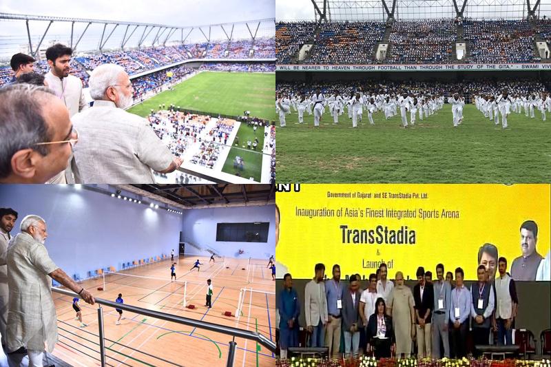 PM Narendra Modi, Narendra Modi Gujarat visit, TransStadia arena, Public Private Partnership model, Gujarat, Modi in Gujarat, sporting culture in gujarat, The Arena Complex, Deepa Malik, Bhaichung Bhutia, Maninagar area, Ahmedabad.