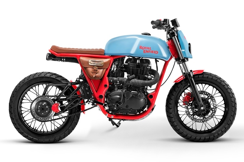 This is probably the loudest motorcycle in terms of its paint scheme and design. The Custom Continental GT by TNT Motorcycles has a proper cafe race design. The aqua blue paint for the tank as well as a headlamp cover fuse neatly with the brown leather seat and the red coloured frame. The small mudflaps on the front and the rear, as well as the brake calipers at both ends, also get the red coloured treatment. In order to continue with the retro cafe racer theme, the Custom Continental GT gets a black muffler cover and the exhaust is just below the seat. This is the only one in the list that maybe able to seat two at a time, provided the rear passenger is okay with an underseat exhaust. If any one of these motorcycles reflects your personality, do check with your nearest Royal Enfield dealership for the price of these motorcycles.