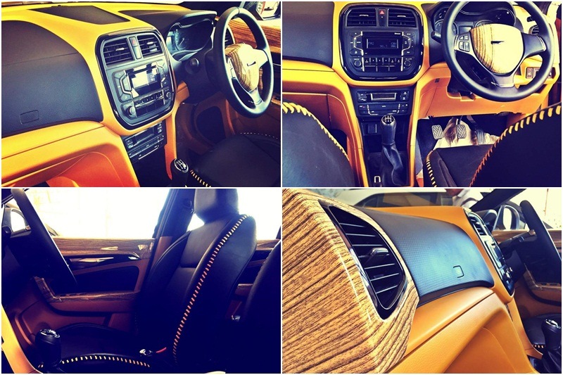 Interior: Similar to the exterior, the cabin too get a new makeover by DC Design. The cabin of the Maruti Suzuki Vitara Brezza boasts of dual tone theme in yellow and black colour combination, giving it a premium appeal. The door trims, air-conditioning vents on the dashboard, as well as the centre section of the steering wheel now gets a glossy wood finish. The leather seats get contrast yellow stitching.