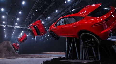 Jaguar E Pace does a 270 degree mid-air roll and makes a perfect landing on its wheels