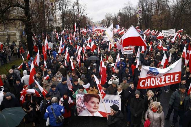 poland rally, warsaw demonstrations, judicial independence poland. eu polish flags protesters, pro democracy movement