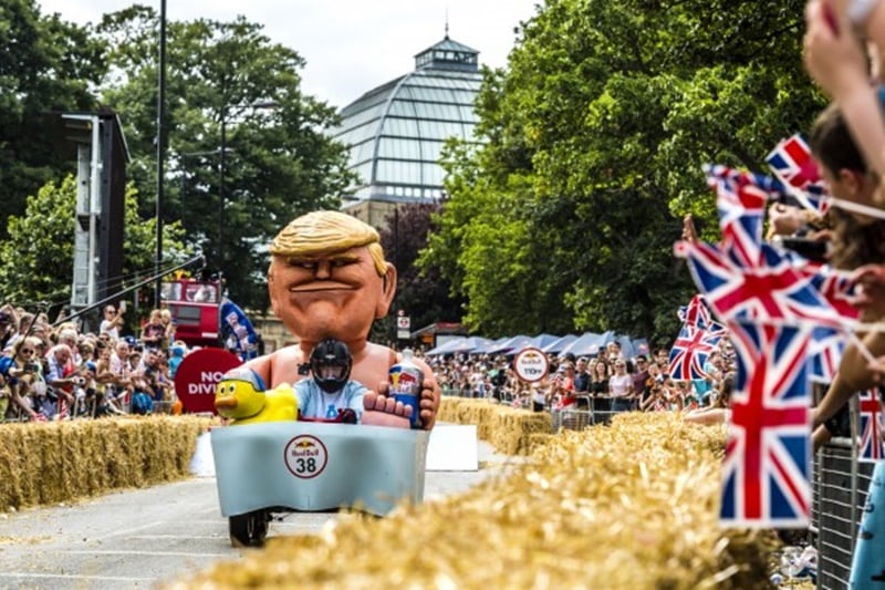 Yes, that is Donald Trump in a bath. The Hair Force One team featured an oversized baby President Ronald Pump.