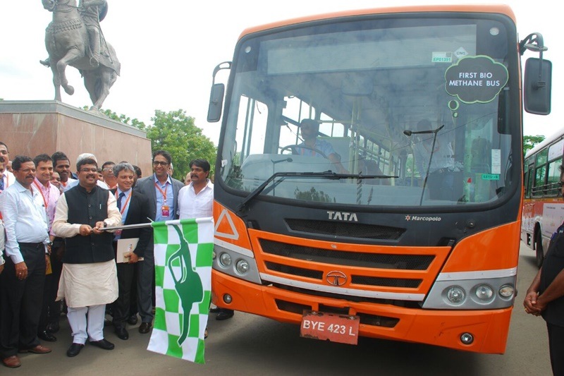 india's first bio methane bus, tata motors bio methane bus, tata motors bus