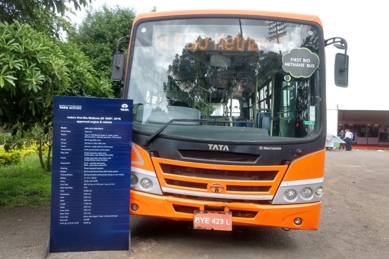 india's first bio methane bus, tata motors bio methane bus, tata motors bus