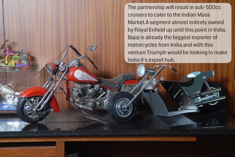 The partnership will result in sub-500cc cruisers to cater to the Indian mass marker. A segment almost entirely dominated by Eicher's Royal Enfield up until this point. Bajaj is already the biggest exporter of motorcycles from India and with this venture Triumph could be looking to make India it's export hub.