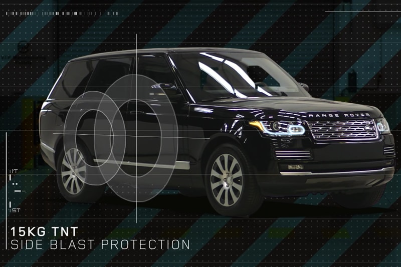 Want to blow it up ? We’ll sorry bad guys of the world, the Rangie gets blast protection in all directions, and can shelter occupants from upto 15kgs of TNT explosive on the side door. SVO insist that it will still even be in rolling condition after the blast. I wonder if Land Rover would let us try it out.