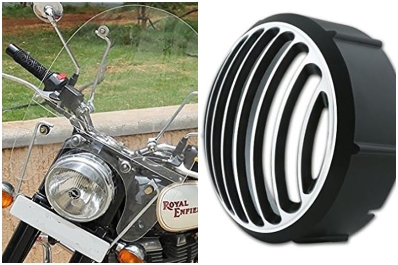 Accessories for Royal Enfield motorcycles are very popular and easily available on online shopping portals. One of them that drastically changes the look of the motorcycle is a windshield, which also protects you from direct headwinds. Another little trinket to change the look is a chrome finish headlamp grill. A windshield will set you back about Rs 2200-3000 and the headlamp grill costs about Rs 500-1000, depending upon the quality. (Image: Amazon India)