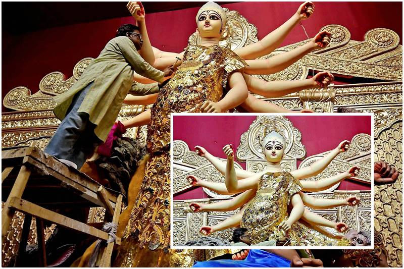 Durga Puja 2017, durga puja, kolkata durga puja, Kolkata, Santosh Mitra Square, Durga idol, Santosh Mitra Square Durga idol, gold saree for Goddess Durga, durga puja festival, durga puja celebrations, durga pujo pics, durga puja pics, kolkata pics