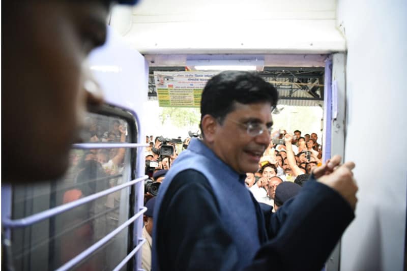 Mahamana Express was built under 'Make In India' Initiative. Currently, the train will be covering two routes: Varanasi-New Delhi and Bhopal-Khajuraho. (Railway Minister Piyush Goyal interacts with Mahamana Express train passengers.)