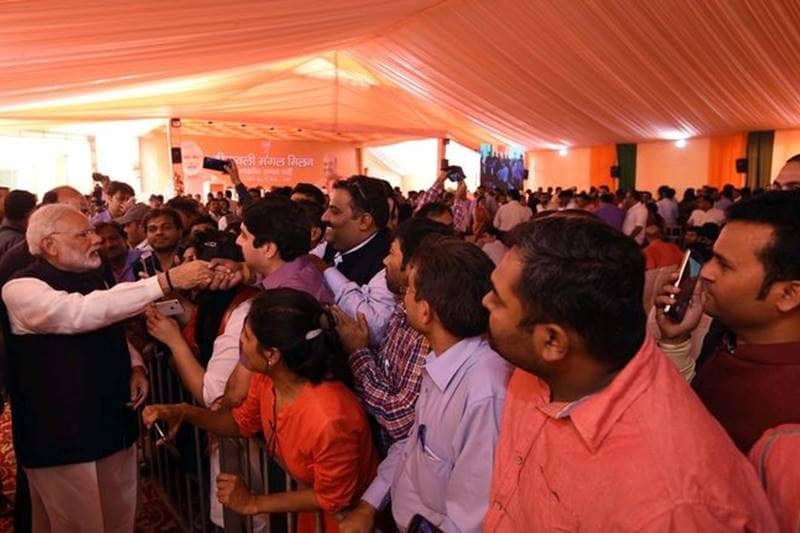 PM Narendra Modi, pm modi, modi, narendra modi, Diwali Milan, Diwali Milan programme, BJP Deepawali Mangal Milan Samaroh, Deepawali Mangal Milan Samaroh, media, journalists, reporters, bjp headquarters