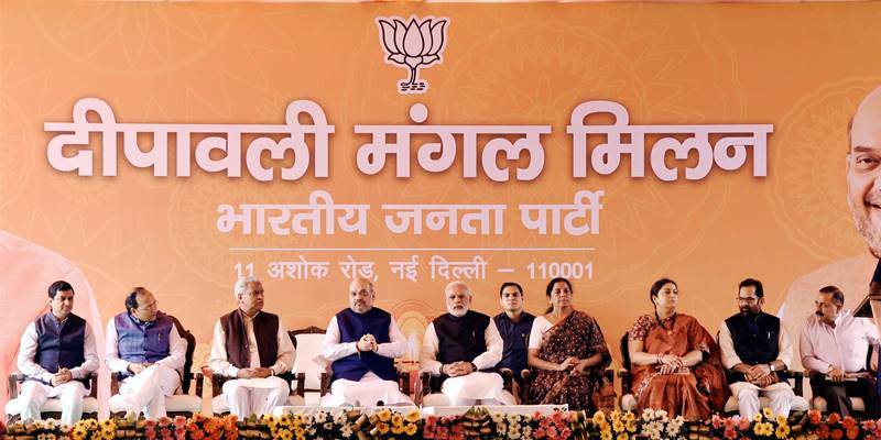 PM Narendra Modi, pm modi, modi, narendra modi, Diwali Milan, Diwali Milan programme, BJP Deepawali Mangal Milan Samaroh, Deepawali Mangal Milan Samaroh, media, journalists, reporters, bjp headquarters