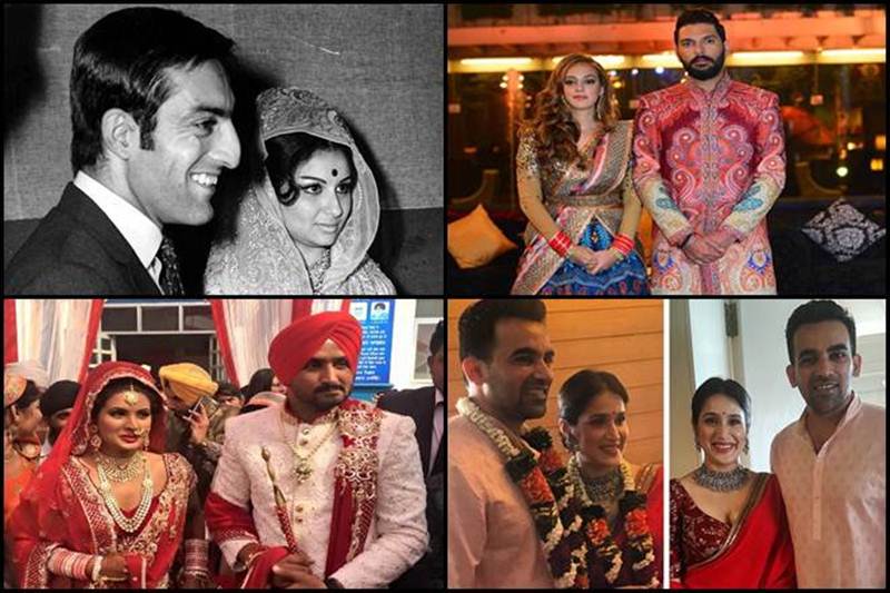 Zaheer Khan, Sagarika Ghatge marriage, Mansur Ali Khan Pataudi and Sharmila Tagore, Mohammad Azharuddin and Sangeeta Bijlani, Yuvraj Singh and Hazel Keech, Harbhajan Singh and Geeta Basra, Virat Kohli and Anushka Sharma, Vivian Richards and Neena Gupta