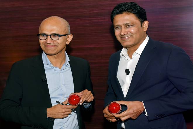 Microsoft CEO Satya Nadella with Anil Kumble Microsoft CEO Satya Nadella with Anil Kumble