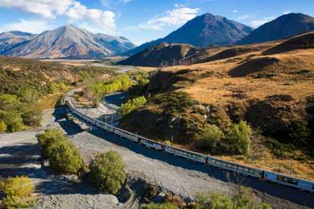 Starting in Christchurch, the train travels across the Canterbury Plains alongside braided rivers
