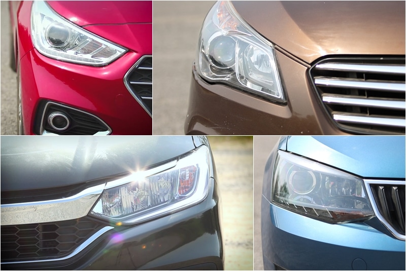 In terms of headlamps, the four are evenly matched, all of them come with Projector headlamps, but the LED units on the 2017 Verna, Rapid and City do outclass the Ciaz's conventional projectors on this score as well.