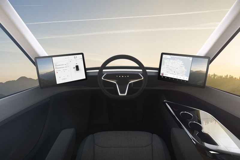The battery of the Tesla Semi truck has been built into the chassis itself. The truck has been equipped with four motors that are responsible for driving each wheel individually. The cabin of the Tesla Semi has been designed with a different approach as the driver in the truck sits in the centre. The idea behind this unique driving position is to offer a good all round visibility. Also, the cabin is flanked by two touch screens that make the task easy for the driver.