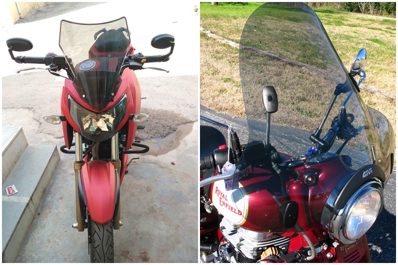 Windscreen: A long open road and a sunset ahead, you can not help but go a little fast. But headwinds increase with speed and can be annoying to constantly keep fighting with. Motorcycles can be fitted with a wind deflector up front that help smoothen the ride. These are easily available on online shopping marts at prices ranging from Rs 900-1300 or more. (Image: left: xbhp; right: motorcycle shop)