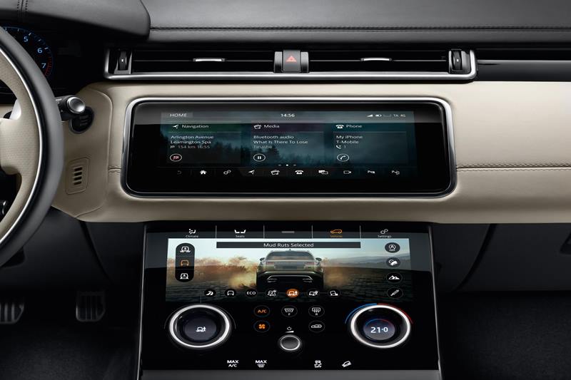 The most striking feature on the interiors of the Range Rover Velar is the Touch Pro Duo infotainment system, which integrate two 10 inch touchscreens. Hence the ‘duo’, the system can be used together with the optional full-colour Head-up Display and optional Interactive Driver Display; to simultaneously view and interact with multiple features at once