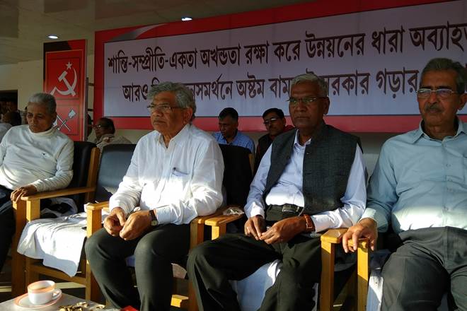 CPI-M General Secretary Sitaram Yechury and CPI General Secretary D. Raja during a public rally in Agartala