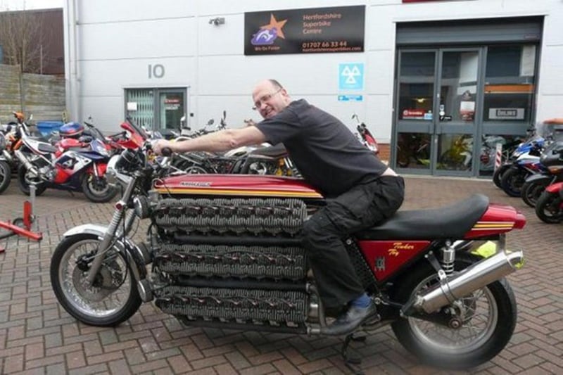 Whitelock Tinker Toy: A toy, now that's a scary toy!. Whitelock Tinker Toy is a motorcycle with a 48-cylinder 4.2-litre engine, built by Simon Whitelock. This monster engine was achieved by using 16 Kawasaki KH250 3-cylinder engines arranged in six banks of eight. It also holds a Guinness World Record for obvious reasons. (Image: speakoroff.livejournal)