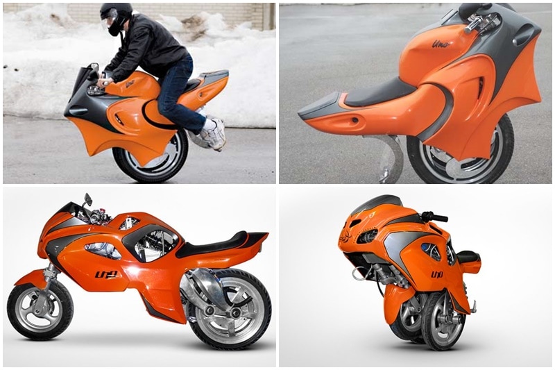 BPG Uno: When I first laid eyes on this, I thought it was a photoshop. Seriously! A unicycle mixed with a sports bike, who thinks of such madcap ideas. Not only is this real, but also went into production once. Invented and developed by Ben Gulak, the Uno using similar technology as the Segway, i.e. you use your body weight to make the vehicle move. For more stability at higher speeds, the dicycle’s wheels splay apart. (Image: The Petrol Stop)
