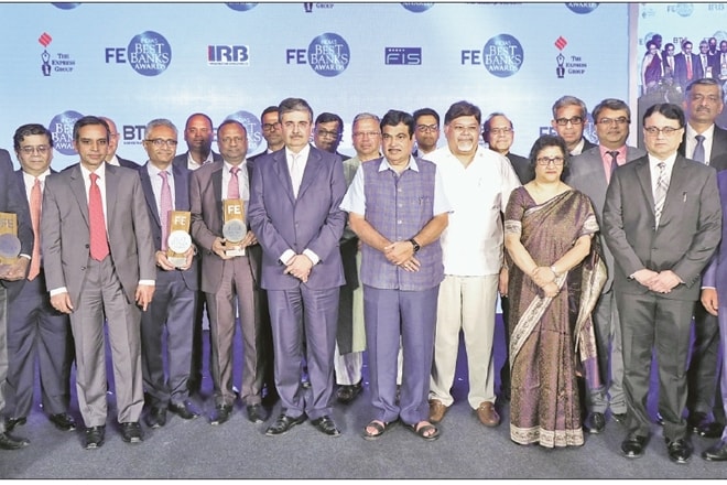 Winners of the FE Best Banks Awards with Union minister Nitin Gadkari in Mumbai. 