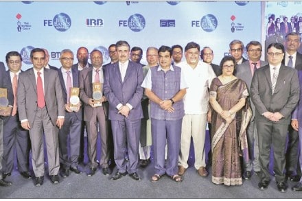 Winners of the FE Best Banks Awards with Union minister Nitin Gadkari in Mumbai. 