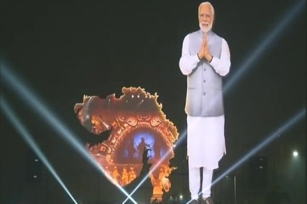 Gujarat assembly elections, gujarat assembly election goes high tech, congress, bjp, pm narendra modi, narendra modi, laset put up near sabarmati river front, laser put near sabarmati river front
