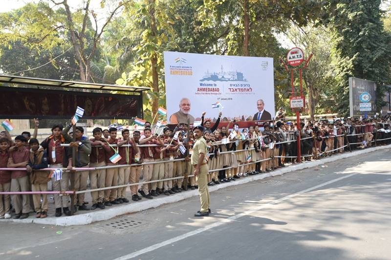 The cavalcade's 14km-long route is heavily guarded by security forces, including Israeli snipers. (Image: Twitter/Narendra Modi)