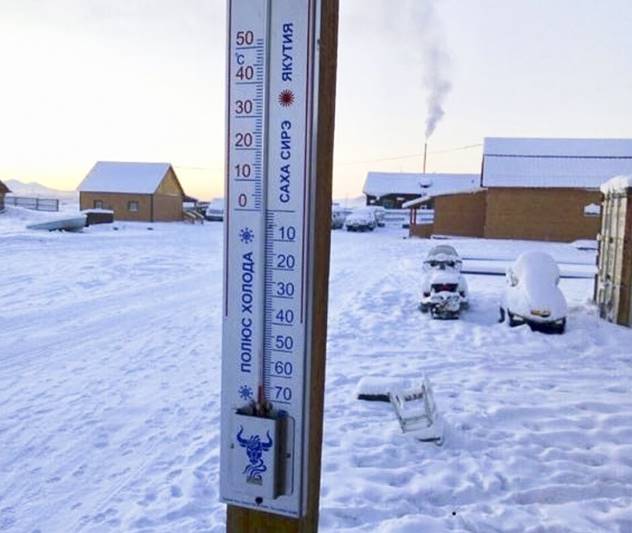 In this photo thermometer shows as the temperature dropped to -65 degrees Centigrade (-85 degrees Fahrenheit) in Tomtor village in the east of Yakutia, the center of the 2nd Borogonsky heritage of the Oymyakonsky ulus. Tomtor is known as the "Pole of Cold", although this title is disputed by two more settlements Oimyakon and Verkhoyansk. Temperatures in the remote, diamond-rich Russian region of Yakutia have dropped to near-record lows, plunging to -67 degrees Centigrade (-88.6 degrees Fahrenheit) in some areas. (AP Photo)