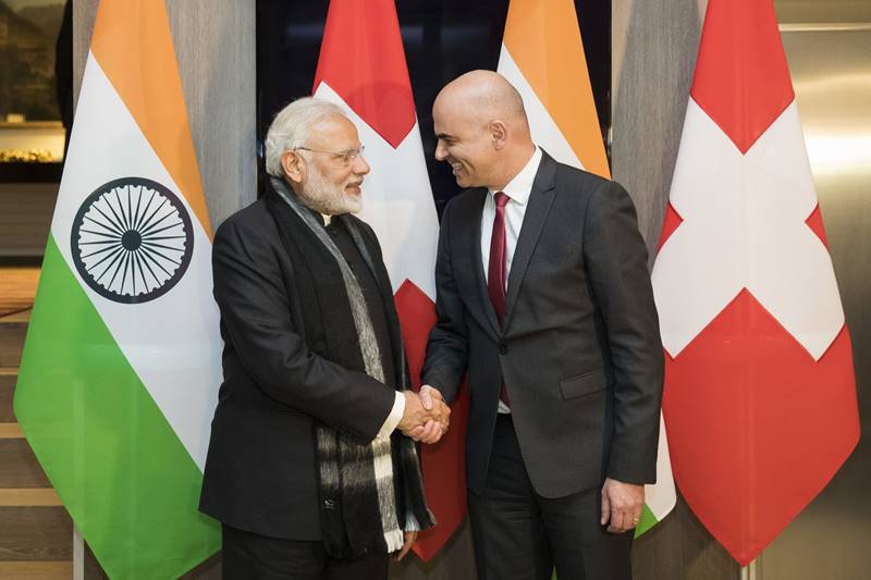 Swiss Federal President Alain Berset and Prime Minister Narendra Modi, shake hands prior to a meeting one day before the start of the 48th annual meeting of the World Economic Forum, WEF, in Davos, Switzerland. (AP Photo)