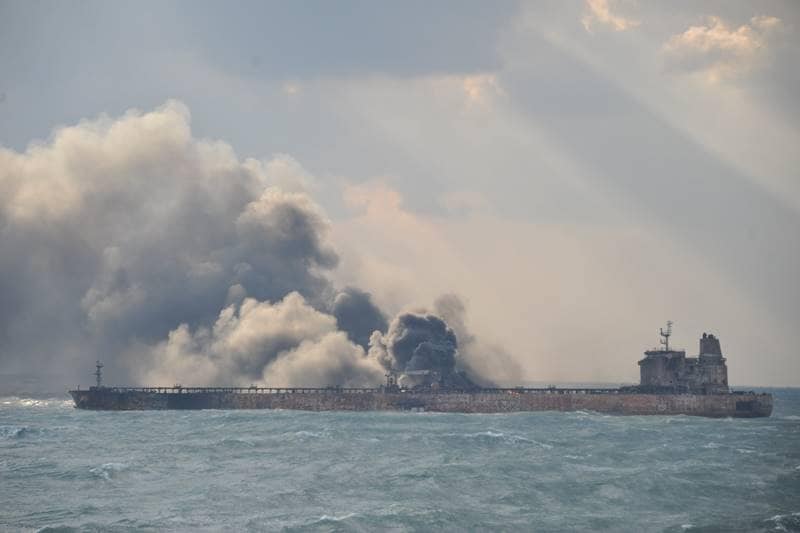 iran, Iranian oil tanker, collision, china, sanchi, iranian oil tanker sanchi, iranian oil tanker on fire, chinese cargo ship, oil tanker burning, oil tanker explosion, oil tanker, rescue vessels, cargo ship, environment disaster, world news
