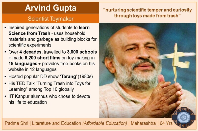 Arvind Gupta honoured with Padma Shri who spent his whole life in making toys for children so that they can develop interest towards science: PM Modi (IMAGE: Twitter/PMO)