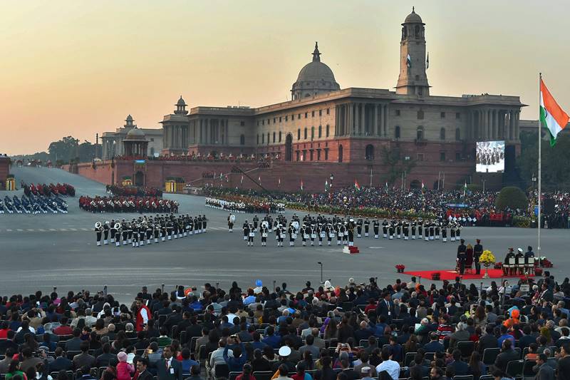 Amid soulful classical renditions and foot-tapping numbers rending the air as the Raisina Hill dazzled in a kaleidoscope of colours, the Beating Retreat ceremony was held on January 29, which marked the culmination of Republic Day celebrations. Held at the majestic Vijay Chowk, the event included a tribute piece for late Marshal of Indian Air Force Arjan Singh. (PTI Photo)