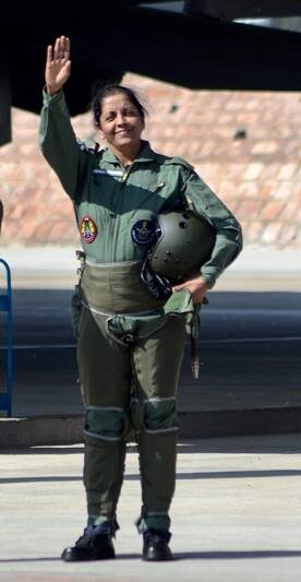 Wearing an olive green flight suit, Sitharaman, the first woman Defence Minister of India, flew from the Air Force Station here in Rajasthan. (PTI Photo)